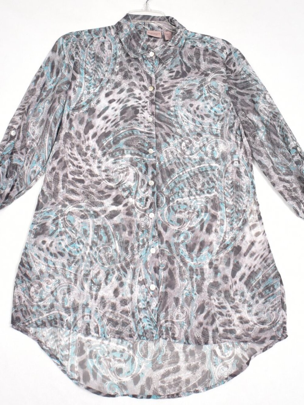 Easywear By Chicos Button Up Women's Sheer Shirt Blue & Grey Size 0